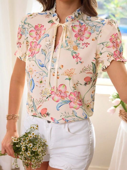 #8523 Floral Print Ruffle Collar Tie Front Puff Sleeve Shirt