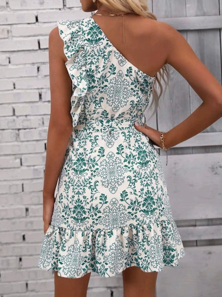 One Shoulder Ruffle Trim Wrap Hem Belted Dress