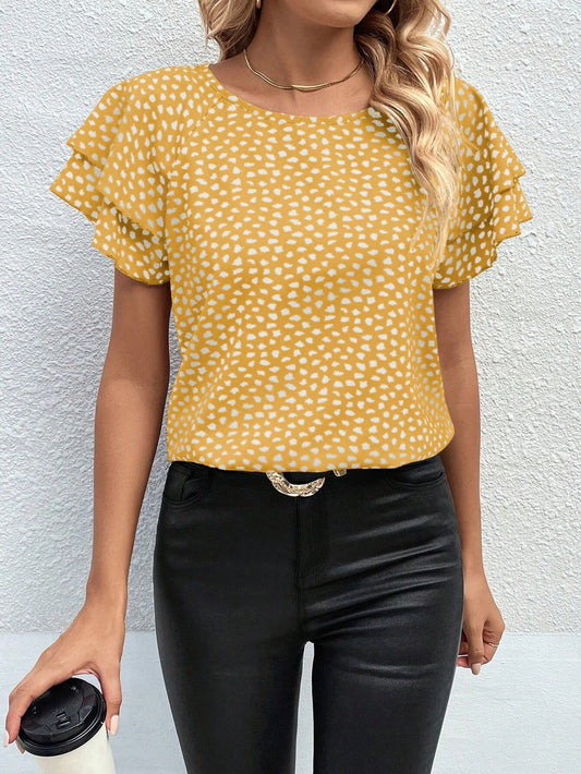 #7590 All-Over Heart Print Round Neck Short Sleeve Blouse