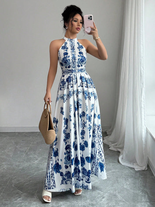 4514 Floral Print Halter Long Dress