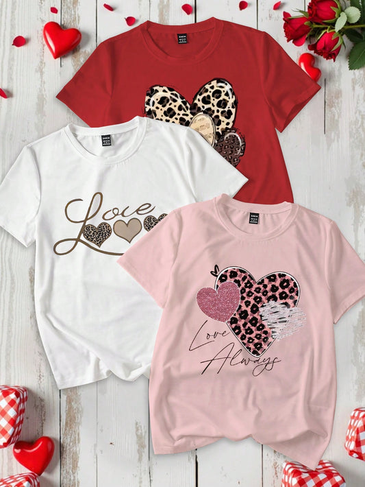 #6165 3pcs Leopard Print Heart Pattern Short Sleeve T-Shirt