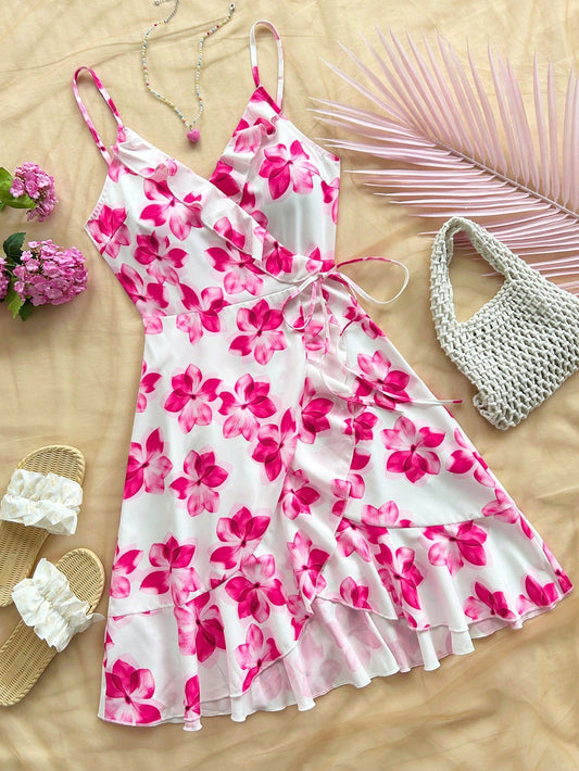 #8752 Floral Print Spaghetti Strap Ruffle Hem Asymmetric Mini Dress