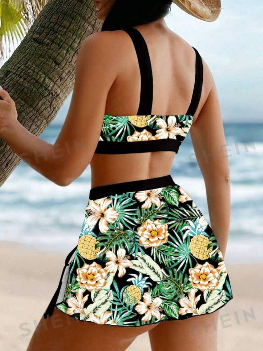 3 piece Drawstring Bikini Swimsuit With Beach Skirt