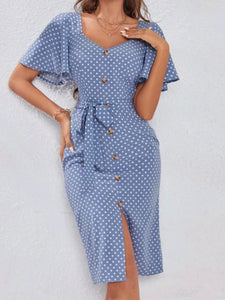 Polka Dot Butterfly Sleeve Fake Button Split Thigh Belted Dress