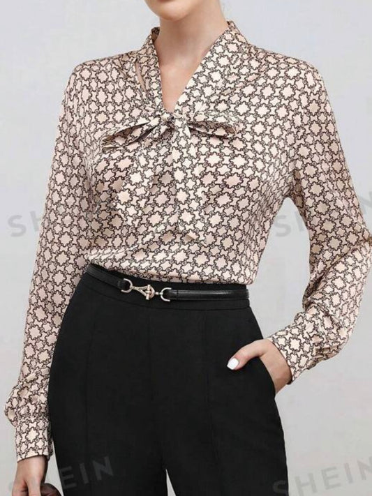 #7841 Allover Print Tie Neck Satin Blouse