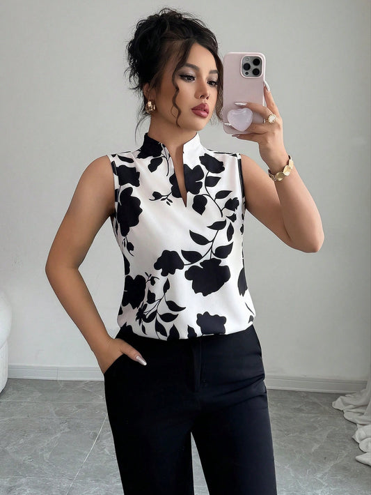 #3116 V-Neck Sleeveless Half-Placket Shirt Blouse