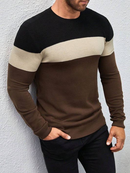 #6212 Contrast Color Round Neck Long Sleeve Casual Sweater
