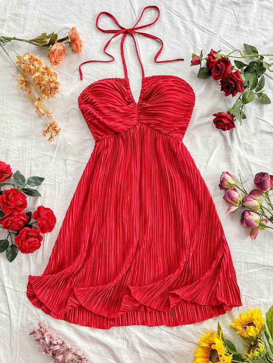 #9783 Open Back Halter Neck Red Dress