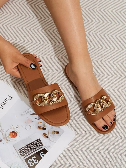 Chain Decor Open Toe Slide Sandals