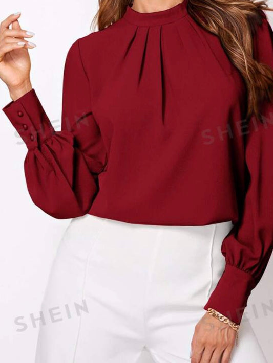 Solid Ruched Keyhole Back Blouse