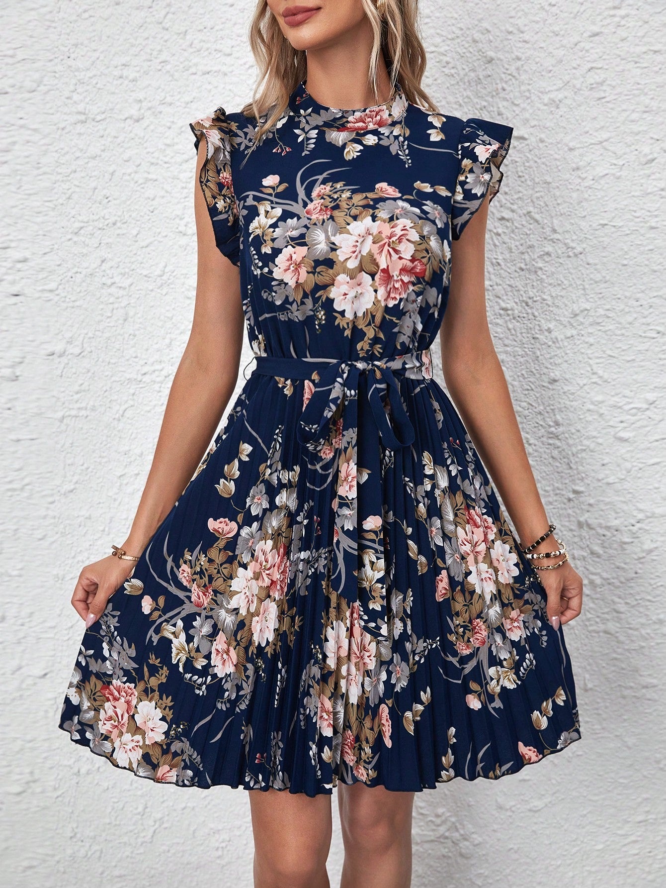 #9449 Floral Print Ruffle Trim Pleated Hem Belted Dress