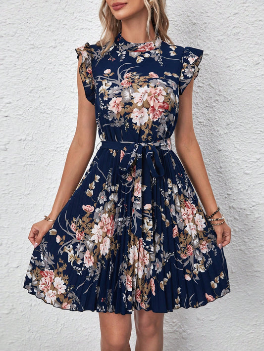 #9449 Floral Print Ruffle Trim Pleated Hem Belted Dress