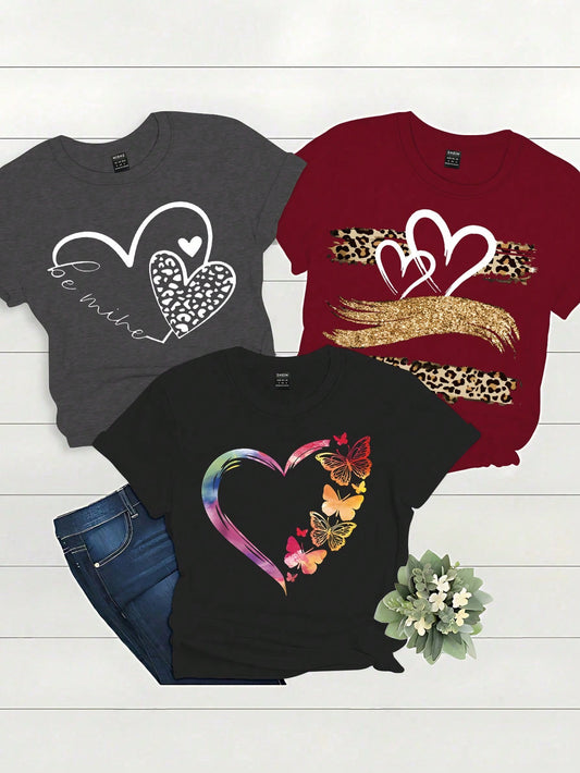 #4434 3pcs Leopard, Floral & Heart Graphic Tees