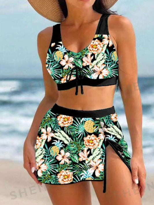 3 piece Drawstring Bikini Swimsuit With Beach Skirt