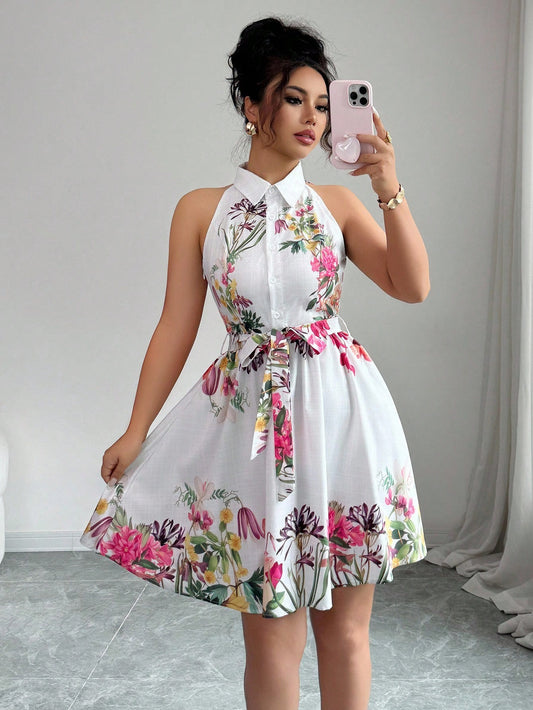#6611 Elegant Floral Print Halter Neck Dress
