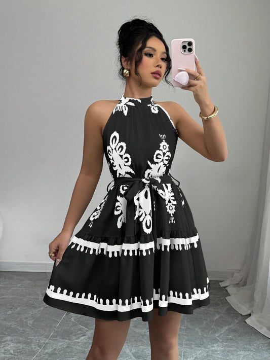 # 7777 Floral Print Halter Neck Short Casual Dress