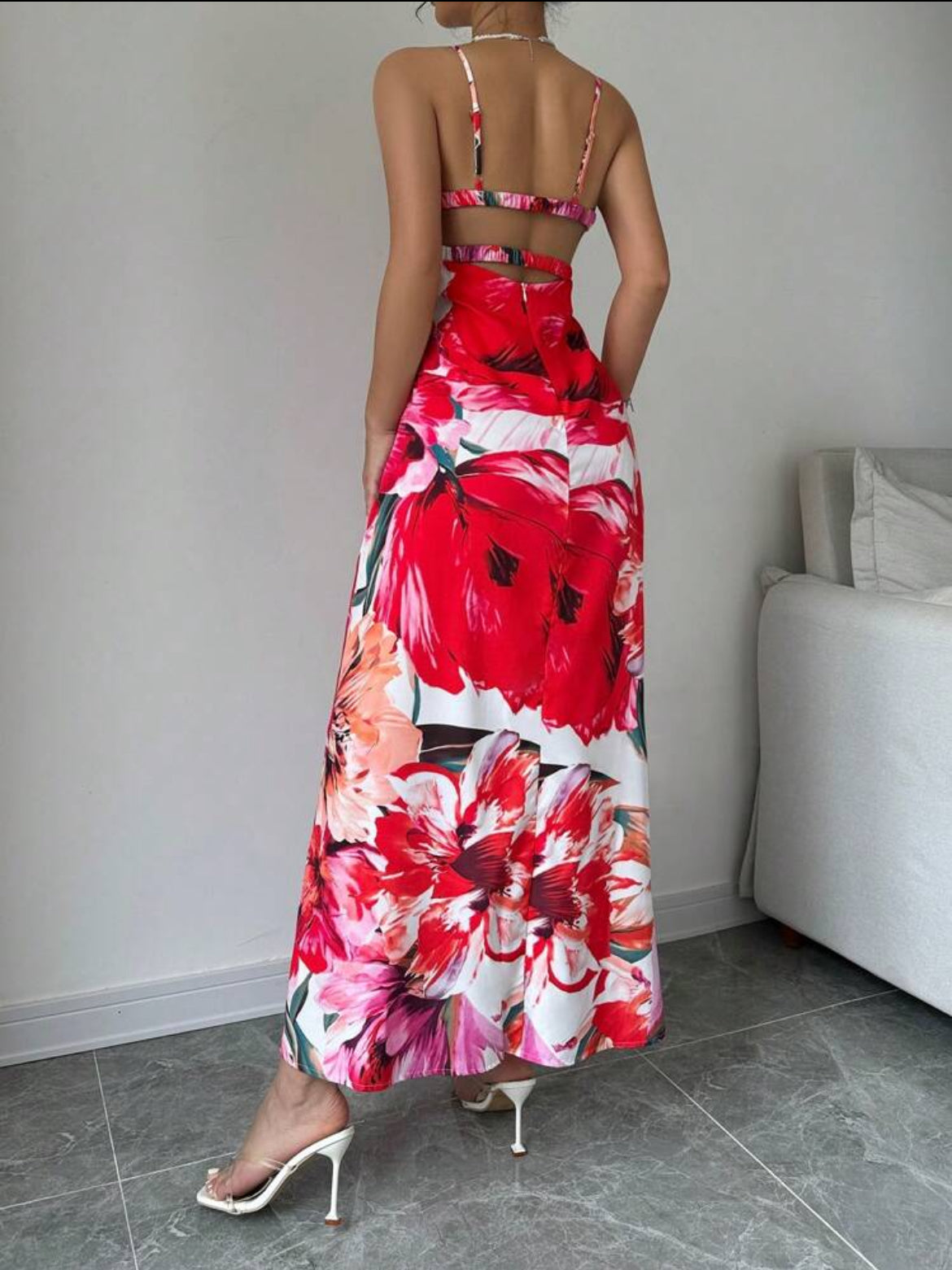 #1122 Flower Print Slim Fit Spaghetti Strap Dress