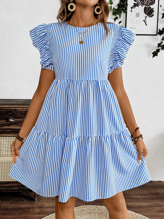 #0400 Striped Ruffle Trimmed Waist Cinched Waist Dress