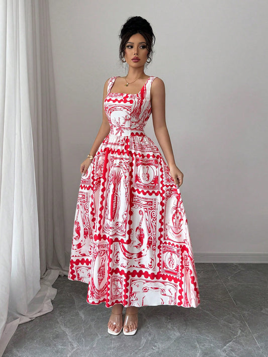 #3144 Elegant Floral Print Sleeveless  Maxi Dress