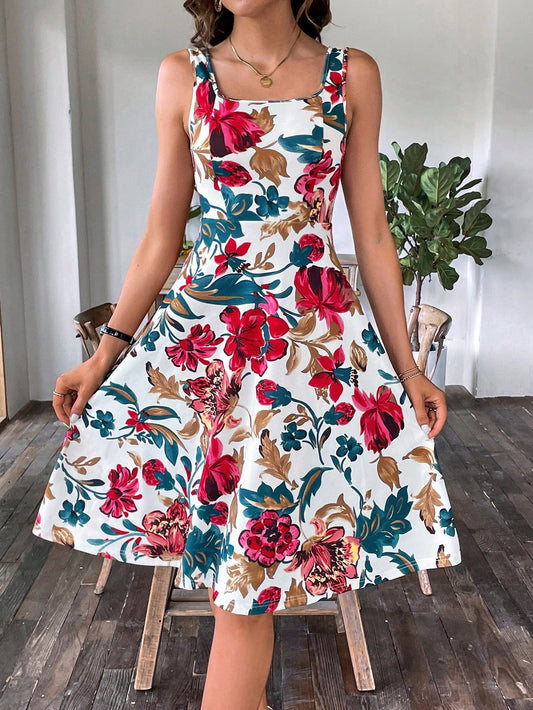 #8203 Floral Print Square Collar A-Line  Spring Dress