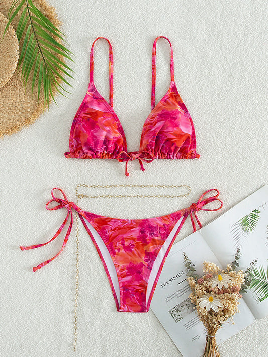 #9822 Tie Dye Bikini Set Triangle Knot Front Bra & Tie Side Bottom & Chain 3 Piece Bathing Suit