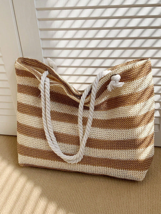 #0804 Woven Stripe Straw Bag Beach Style Weaved Basket Tote
