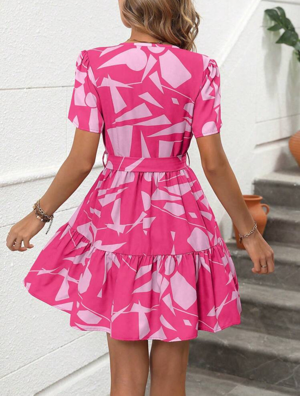#5848 Geometric Print Wrap Neck Ruffled Hem Dress
