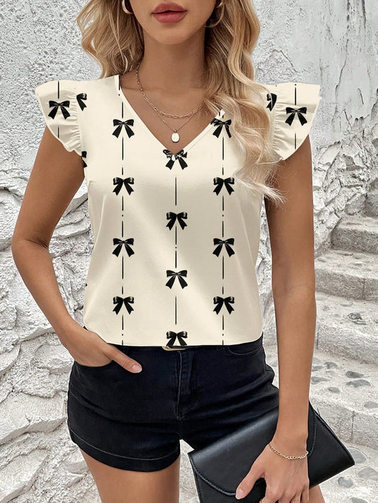 #9698 Bow Print Cap Sleeve Shirt