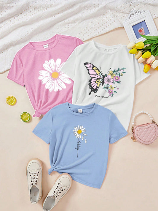 #8118 3pcs Simple Flower & Butterfly T-Shirt