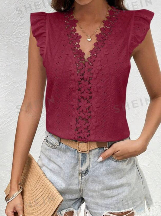 Embroidered Blouse With Applique & Eyelet Details