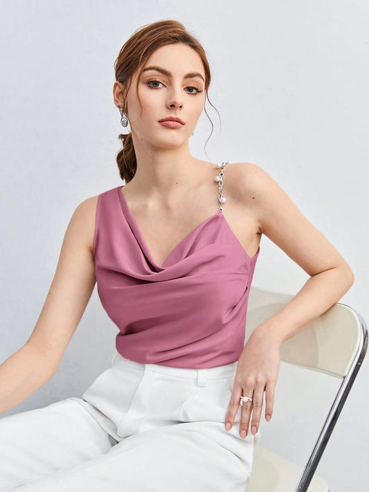 #2406 Pearl Decor Chain Strap Draped Neck Sleeveless Blouse