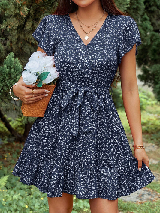 6169 Belted Ditsy Floral Dress