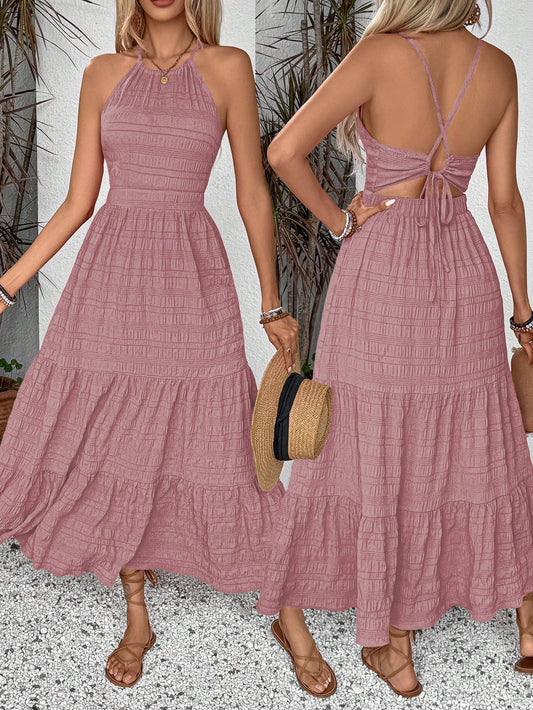 #6222 Casual Tie-Back Ruched Hem Long Dress