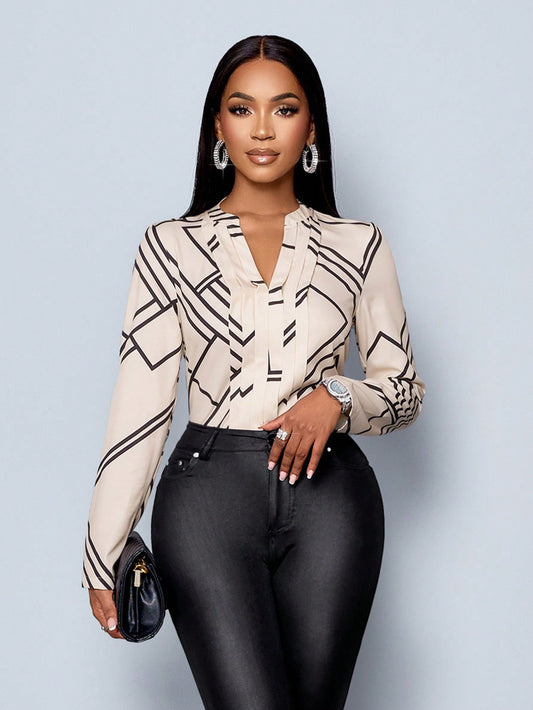 Gmail #8687 Apricot Line Print V-Neck Long Sleeve