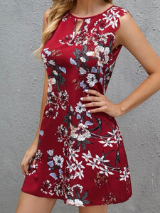 Floral Print Keyhole Neck Scallop Trim Dress