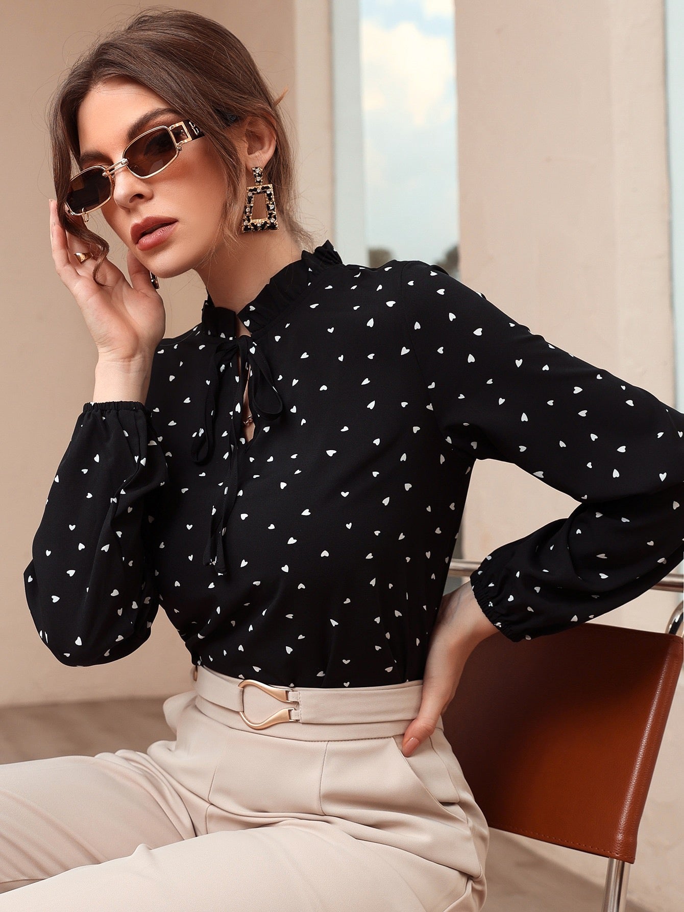Gmail #7718 Heart Print Frill Tie Neck Blouse