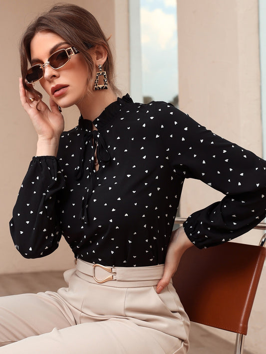 Gmail #7718 Heart Print Frill Tie Neck Blouse