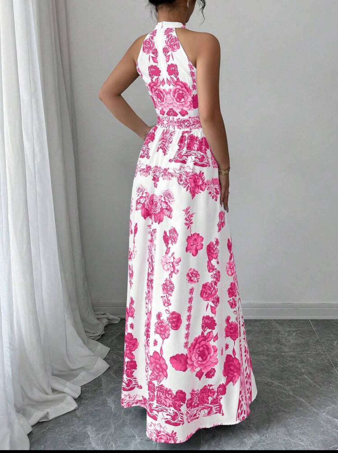 #4990 Floral Print Elegant Halter Neck Dress