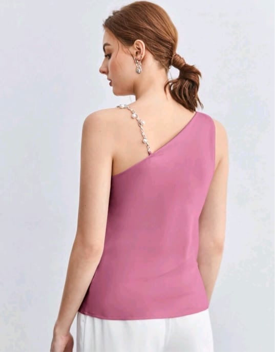 #2406 Pearl Decor Chain Strap Draped Neck Sleeveless Blouse