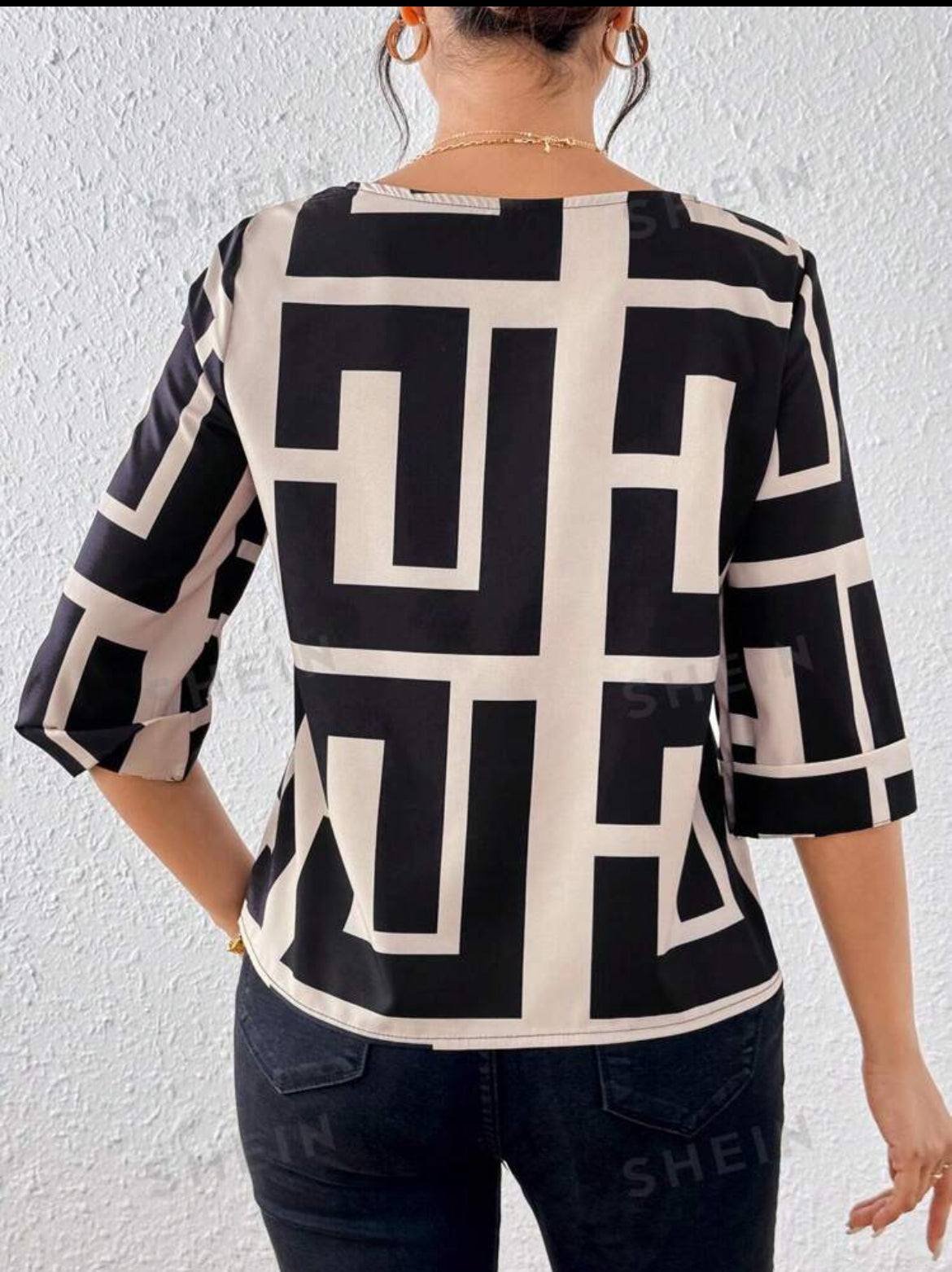 #4461 Geometric Print Round Neck Short Sleeve Casual Shirt