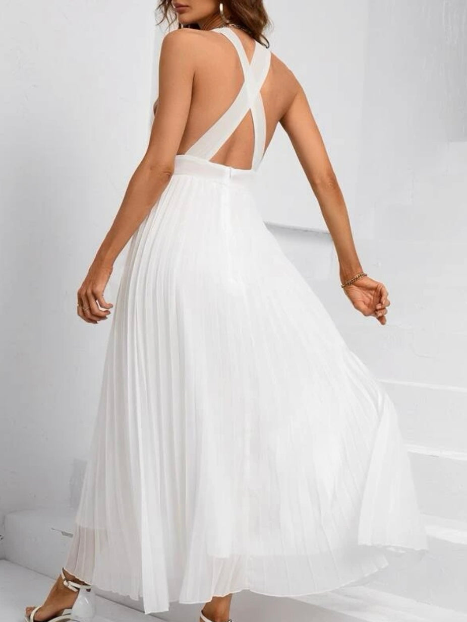 Plunging Neck Criss Cross Backless Pleated Hem Dress