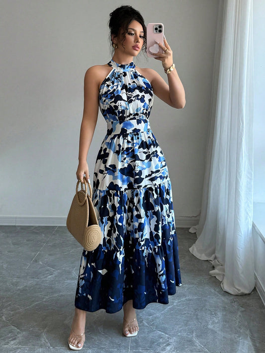 #0727 Floral Print Waist Flare Sleeveless Dress