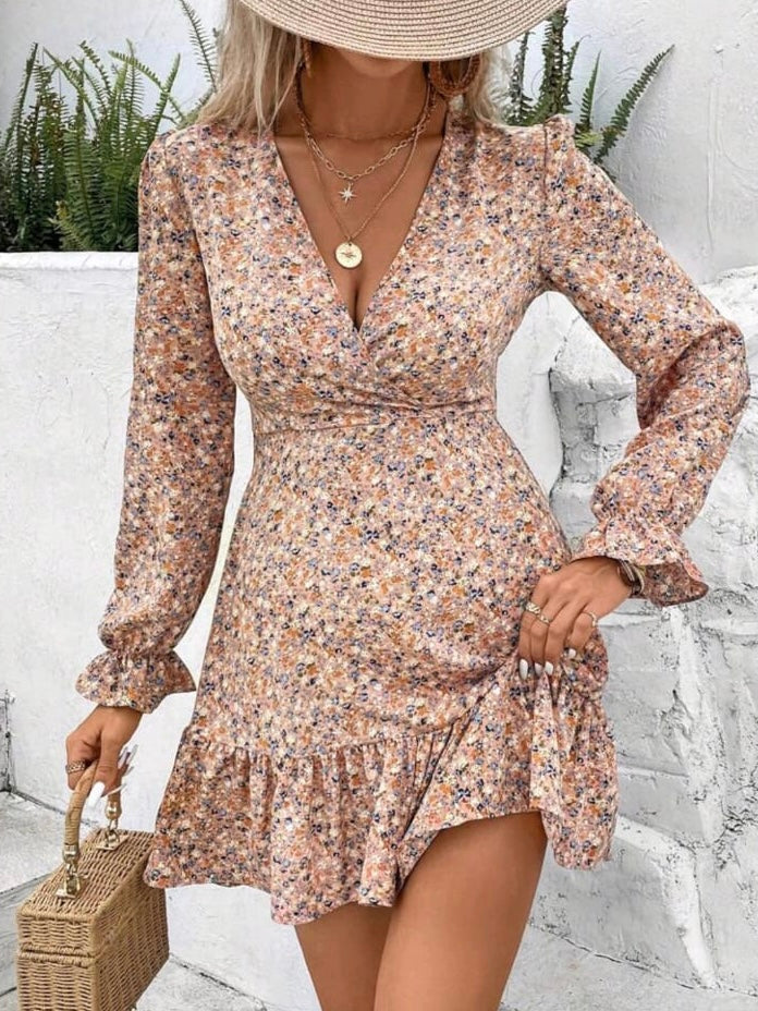 Flare Sleeve Ruffle Hem Dress