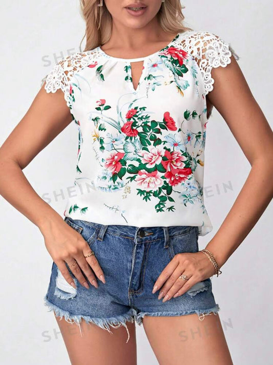 Floral Print Lace Patchwork Shirt