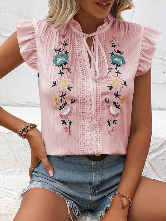 #0538 Floral Embroidered Contrast Lace Ruffle Tied Collar Cap Sleeve Blouse