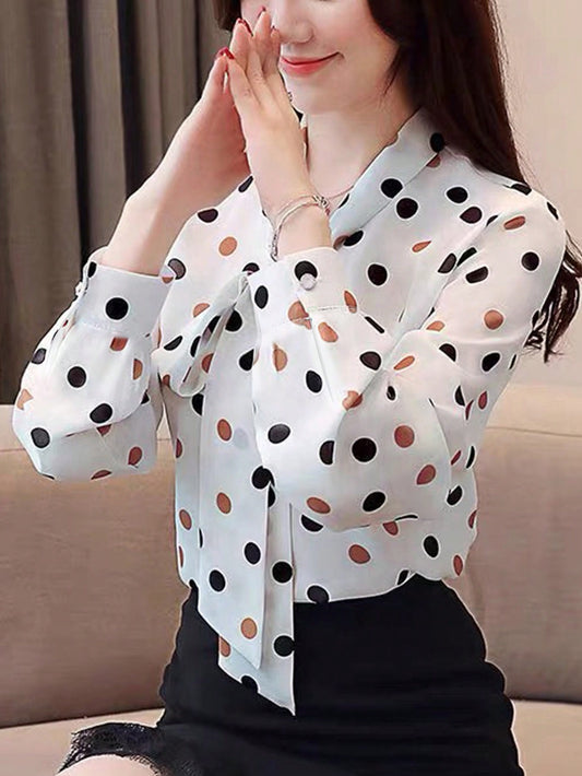 #9477 Tie Neck Long Sleeve Polka Dot Print Blouse