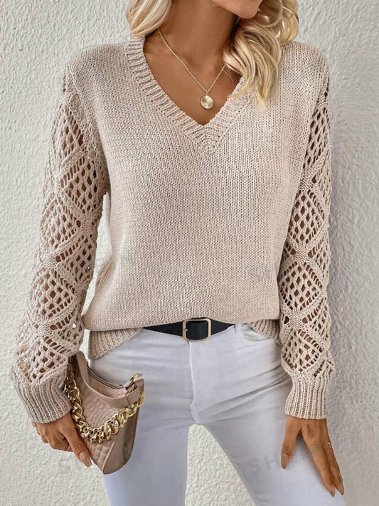 Solid V Neck Pointelle Knit Sweater