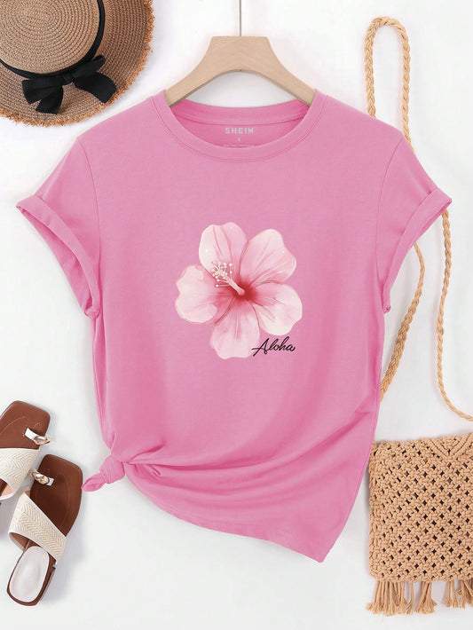 #3773 Flower Print Crew Neck Short Sleeve T-Shirt