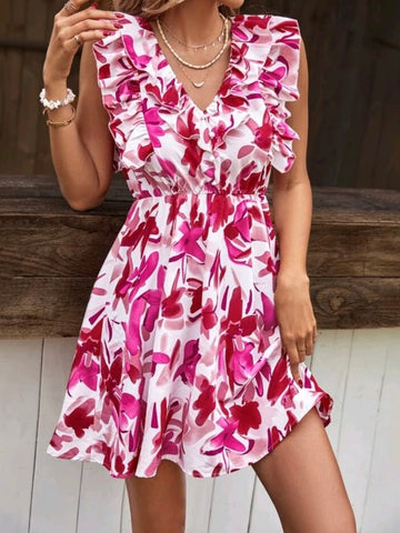 Allover Print Ruffle Trim Dress