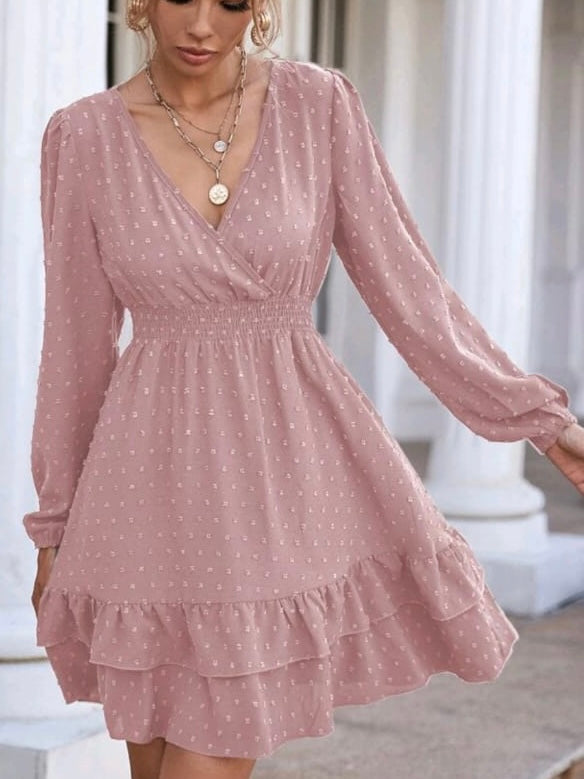 Ruffle Hem Shirred Waist Swiss Dot Dress